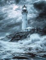 Lighthouse stands tall against stormy seas at twilight photo