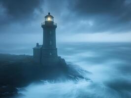 Stormy lighthouse guiding ships in turbulent waters photo