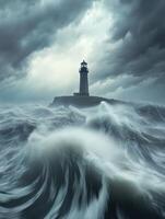 Strong waves crash against an isolated lighthouse at dusk photo