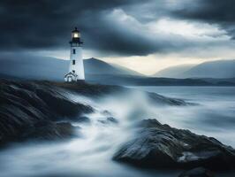 Majestic lighthouse overlooking stormy ocean waves photo