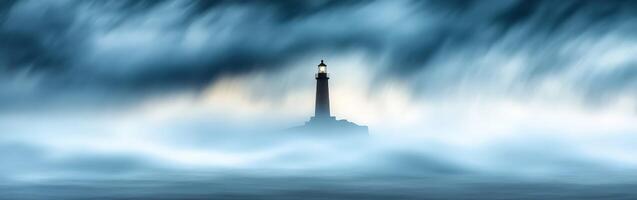 Mysterious lighthouse in stormy weather at dusk photo