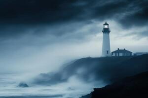 Lighthouse guides ships on a stormy night along the coast photo