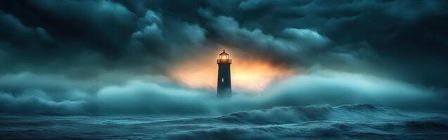 Dramatic lighthouse illuminated amid stormy seas and clouds photo