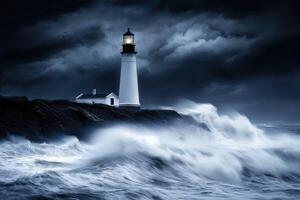Stormy night at a lighthouse by the coast photo