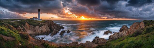 Lighthouse overlooking rocky coast at sunset photo