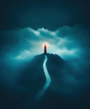 Light shines from the lighthouse on a foggy night photo