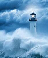 Majestic lighthouse standing strong against fierce waves photo