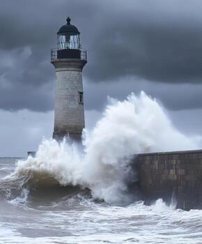 A lighthouse is surrounded by waves and a stormy sky photo