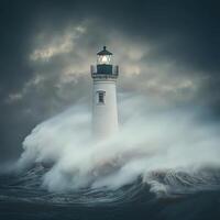 Strong waves crash around a lighthouse during a storm photo