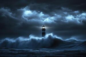 Lighthouse stands tall against stormy sea at night photo