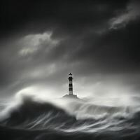 Stormy waves surround a solitary lighthouse at dusk photo
