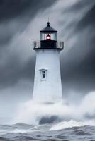 Lighthouse braves stormy waves and dark skies photo