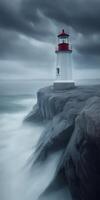 Lighthouse standing strong against stormy ocean waves photo
