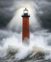 Lighthouse standing strong against roaring ocean waves photo