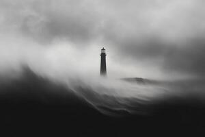 Mysterious lighthouse emerging through thick fog and waves photo