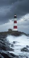 Tall lighthouse stands firm against crashing waves at dusk photo