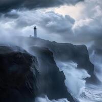 Waves hit cliffs by a lighthouse under dark skies photo