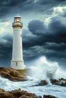 Majestic lighthouse standing strong against dramatic waves photo