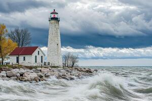 Bright lighthouse stands resilient against stormy waves photo