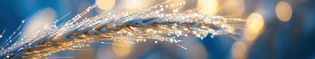 Wheat stalk glistening in morning light at dawn photo
