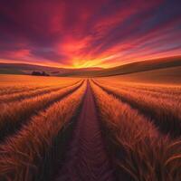 Golden wheat field under a vibrant sunset sky photo