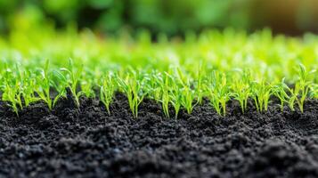 Tiny green seedlings sprout in rich dark soil photo