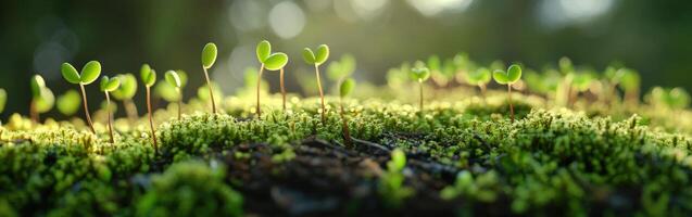 New seedlings emerge from damp soil in a forest setting photo