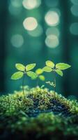 Small green plants growing on moss in a forest photo