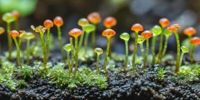 Colorful fungi grow on a forest floor in macro detail photo
