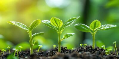 Green seedlings sprouting in sunlit soil garden photo