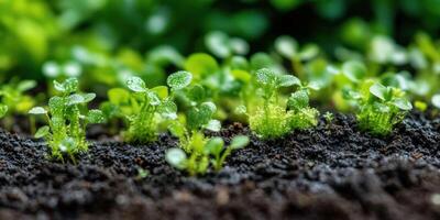 Tiny seedlings growing in moist soil under sunlight photo