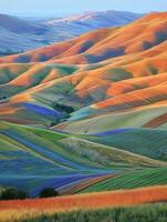 Vibrant rolling hills during sunrise in a colorful landscape photo