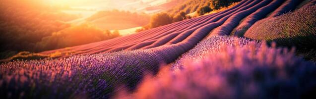 Lavender fields in bloom during sunset in Provence photo