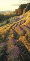 Vibrant lavender fields during golden hour in autumn photo