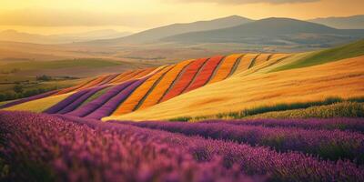Colorful fields in Tuscany at sunset photo