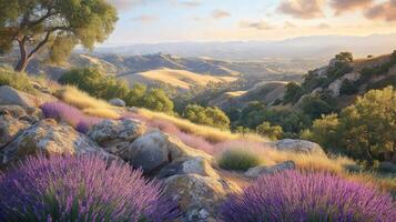 Scenic lavender fields with rolling hills in daylight photo