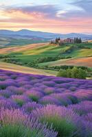 Lavender fields bloom in Tuscany during sunset photo