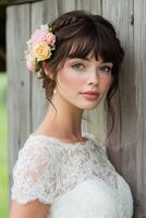 Boho braids and floral accents create a stunning bridal look photo