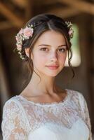 Elegant boho braids with floral accents for a wedding photo