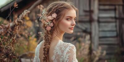 Boho braids with floral accents in a rustic outdoor setting photo