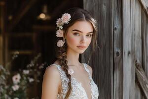 Boho braids with floral accents in rustic setting photo