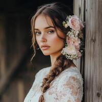 Beautiful boho braids with floral accents in rustic setting photo