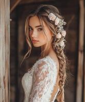 Boho braids with floral accents for a wedding look photo