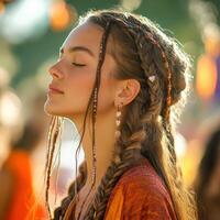 Boho braids and serene beauty at a summer festival photo