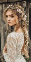 Beautiful boho braids with flowers in a rustic setting photo