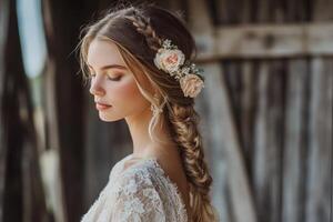 Beautiful boho braids with floral accents in natural light photo
