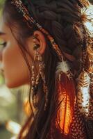 Boho braids adorned with beads and feathers in nature photo