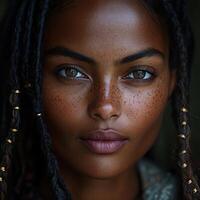 A beautiful woman with freckles and dreadlocks photo
