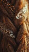 Boho braids adorned with feathers in natural light photo