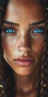 Stunning boho braids with striking blue eyes at sunset photo